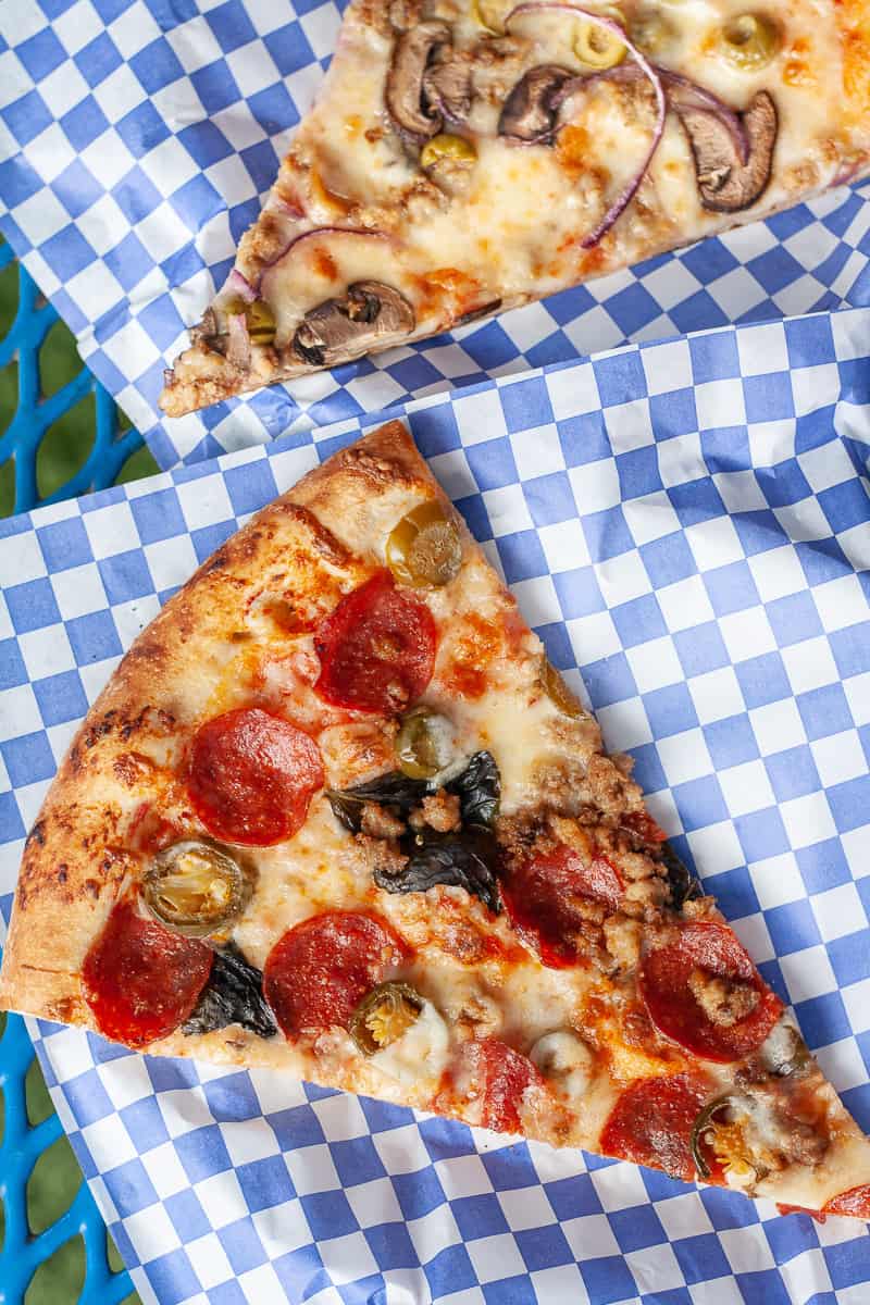 Favorite Pizza's Grand Slam pizza- pomodoro, Italian sausage, pepperoni, pickled jalapenos, and basil. 