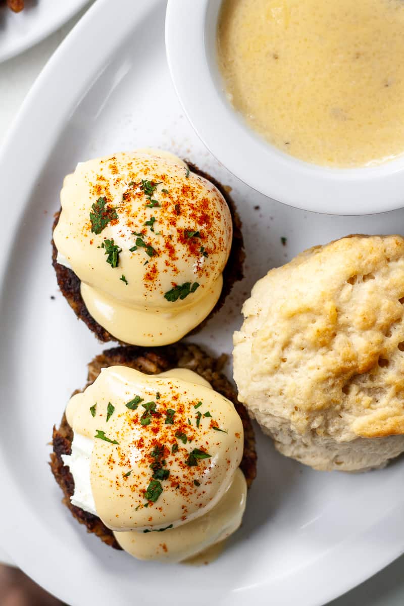 Sawyer & Co's Breaux Bridge Benedict (perfect poached eggs, boudin - a Cajun rice and pork-based sausage rolled in a ball and fried, and creole hollandaise with a fluffy biscuit)