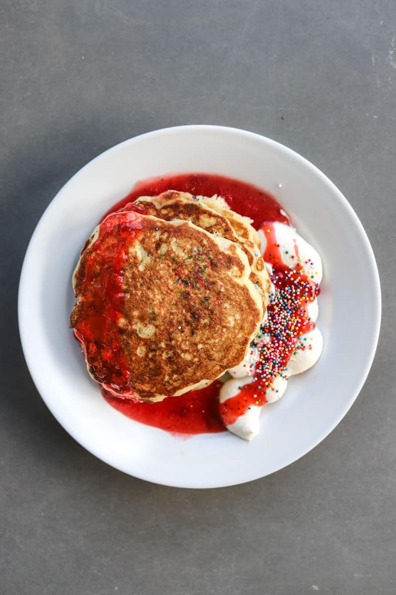 The delectable funfetti pancakes recipe from Chef Gabriel Rucker of Canard. The perfect combination of nostalgic and delicious!