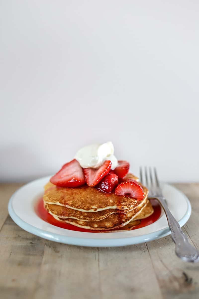 Cottage Cheese Pancakes with Crème Fraîche & Strawberries
