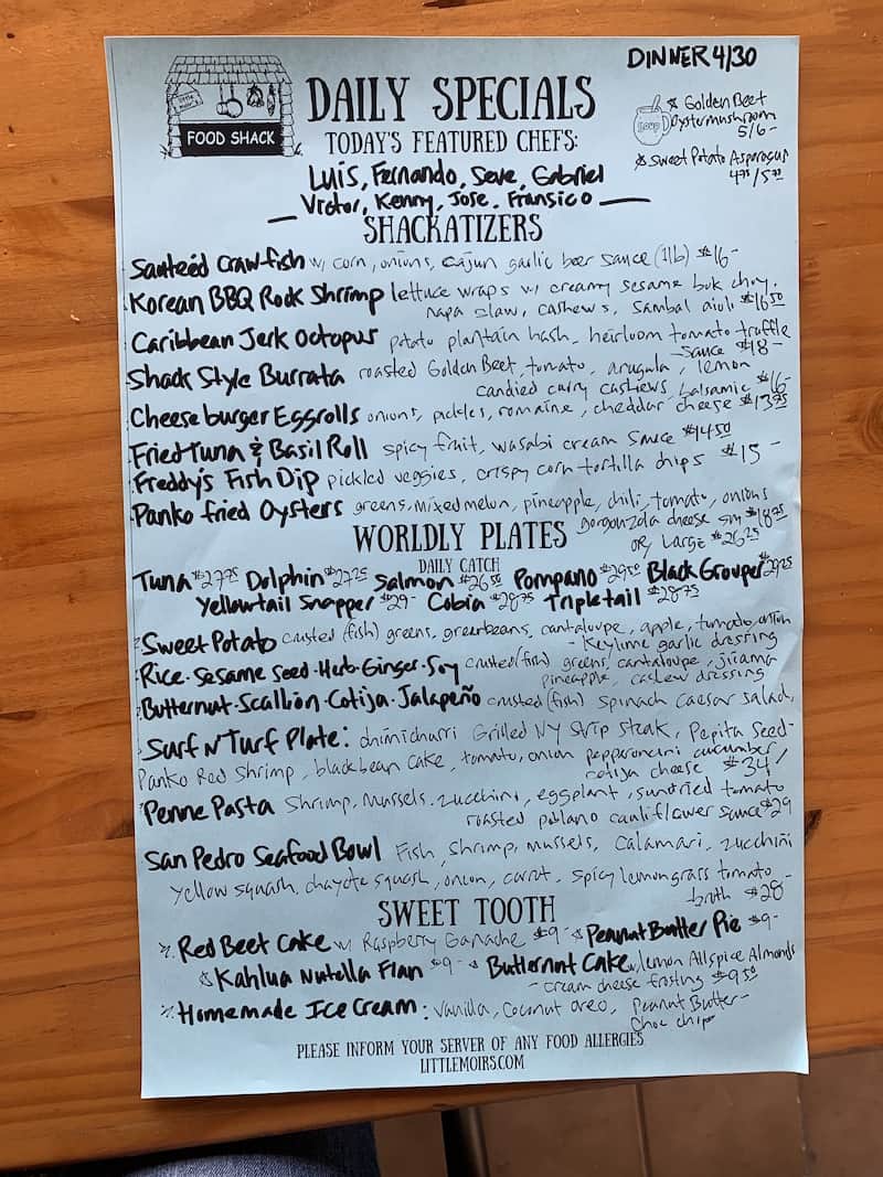 specials menu from Little Moir's restaurant