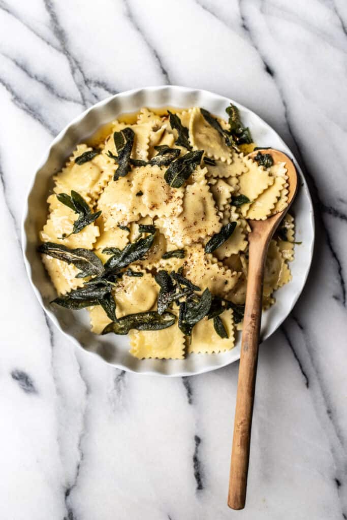 brown butter and sage ravioli in dish