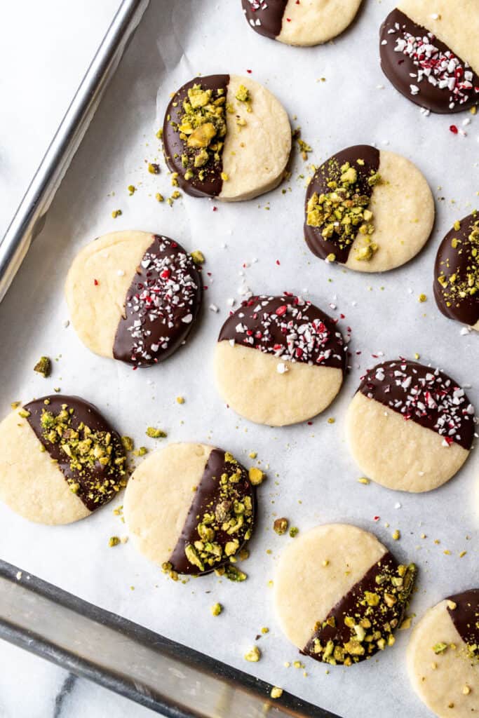 tray of chocolate dipped shortbread cookies
