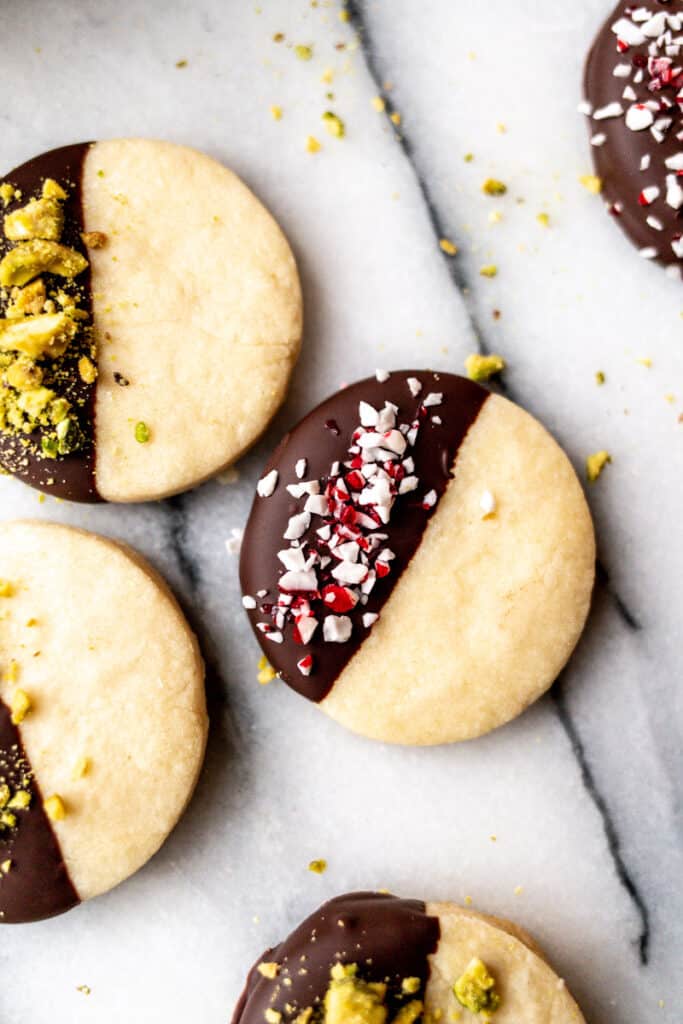 chocolate dipped shortbread cookies with pistachios