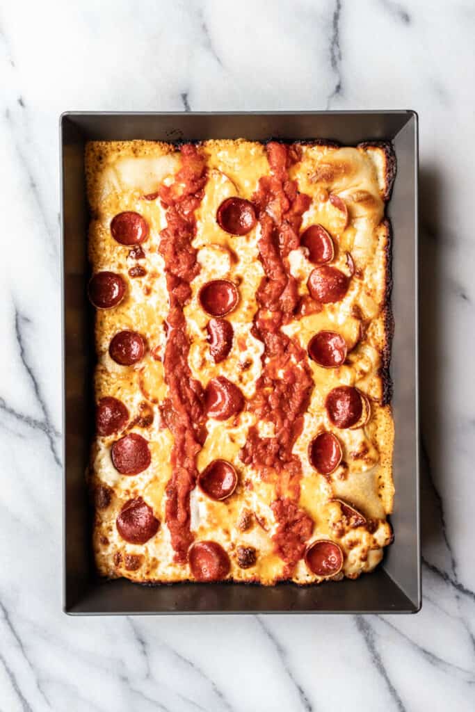 Detroit-style pizza in pan