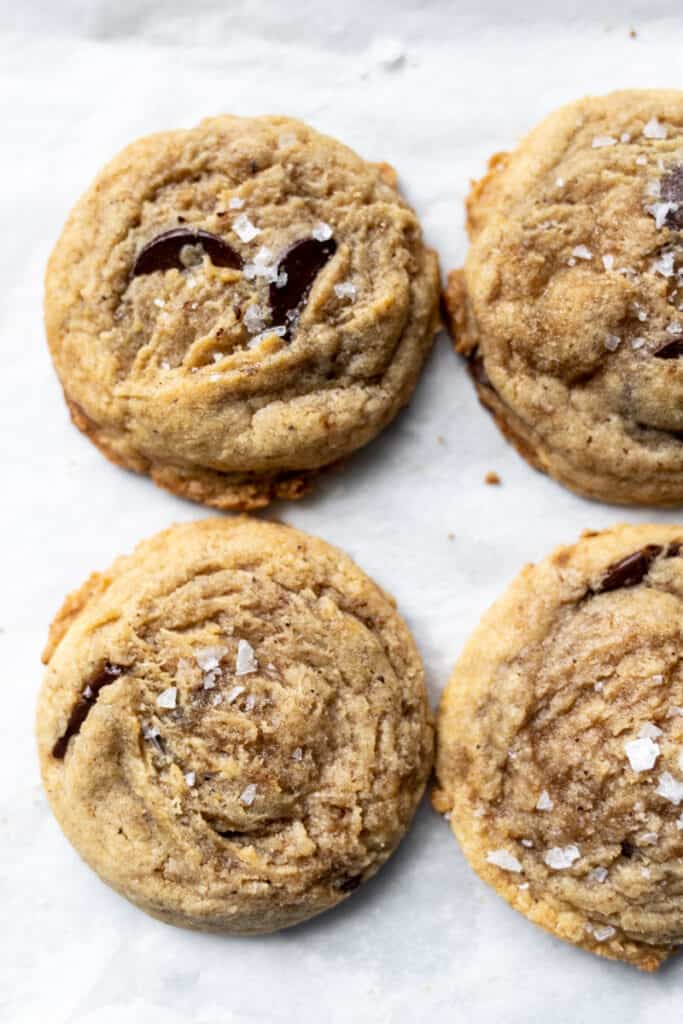 Four Browned Butter Chocolate Chip Cookies with Flaky Sea Salt