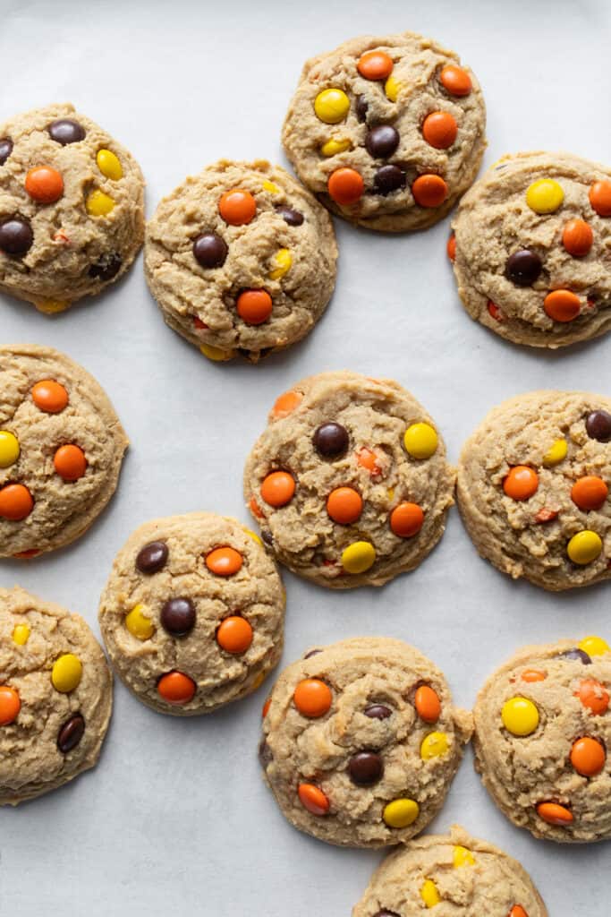 Reese's Pieces Cookies on cookie sheet