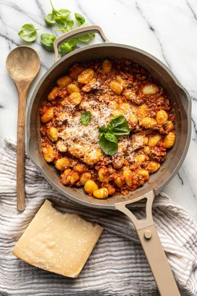 pan filled with gnocchi bolognese