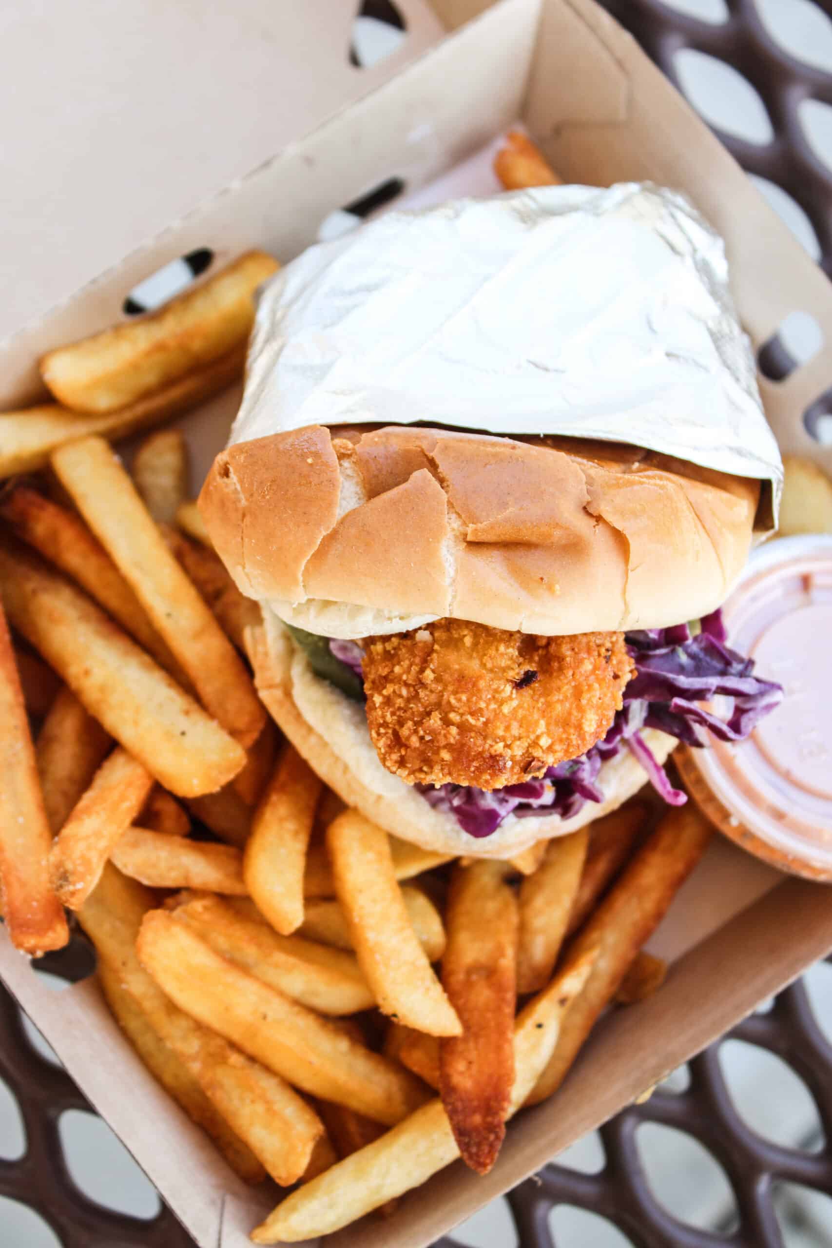 The Cluck Truck's chicken sandwich with fries- food trucks in salt lake city