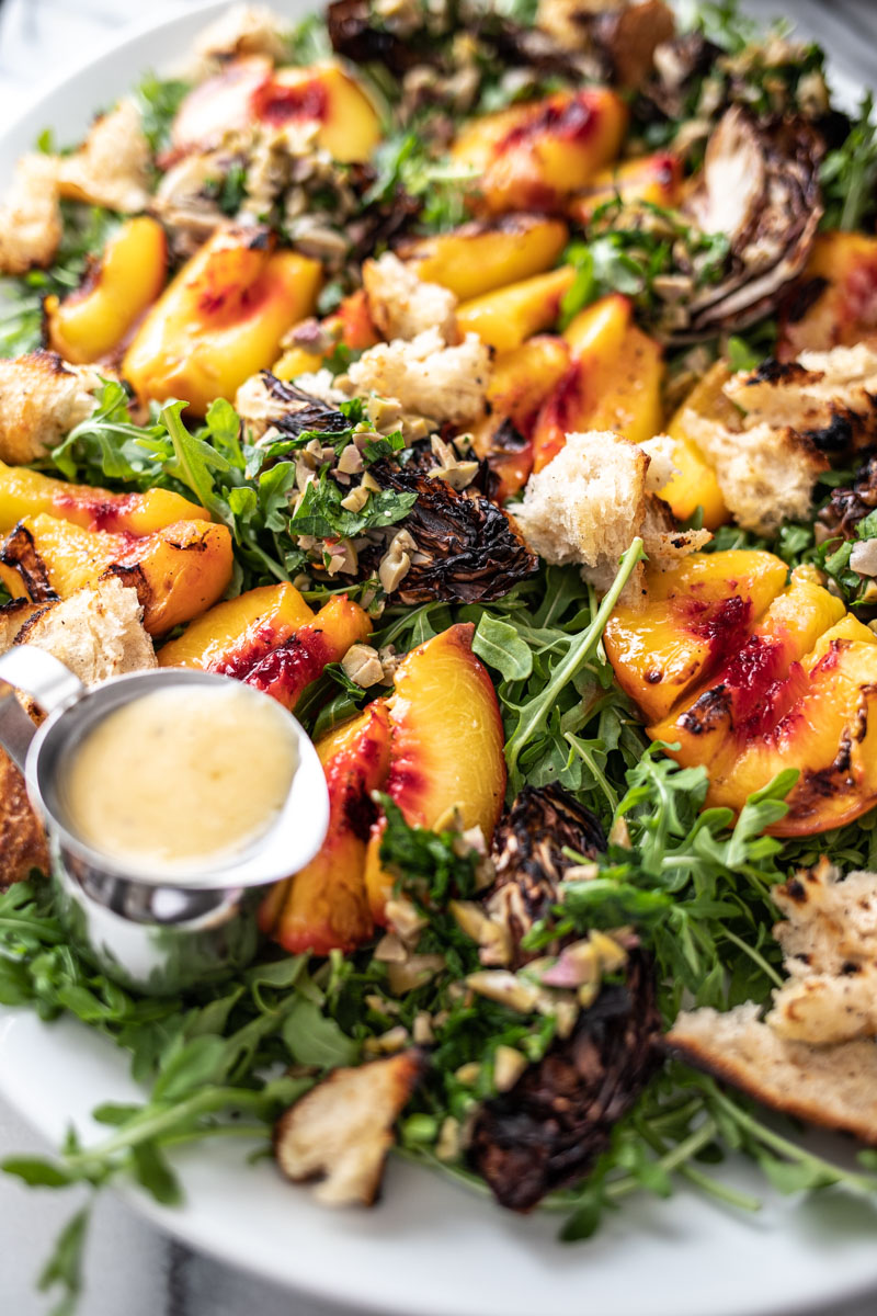 grilled peach salad close up view