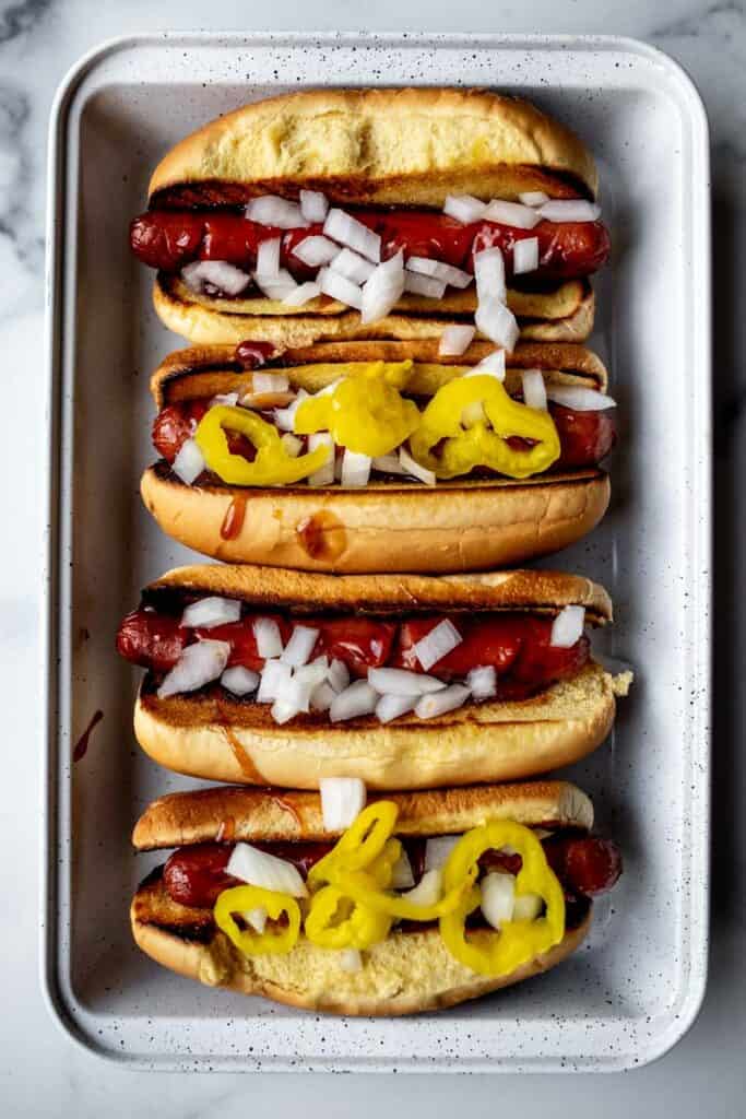 Homemade hot dogs on tray. 