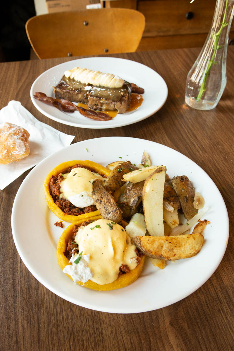 Mexican benedict, eggs benedict with pork chorizo and is topped with a pair of sopes by Vovomeena