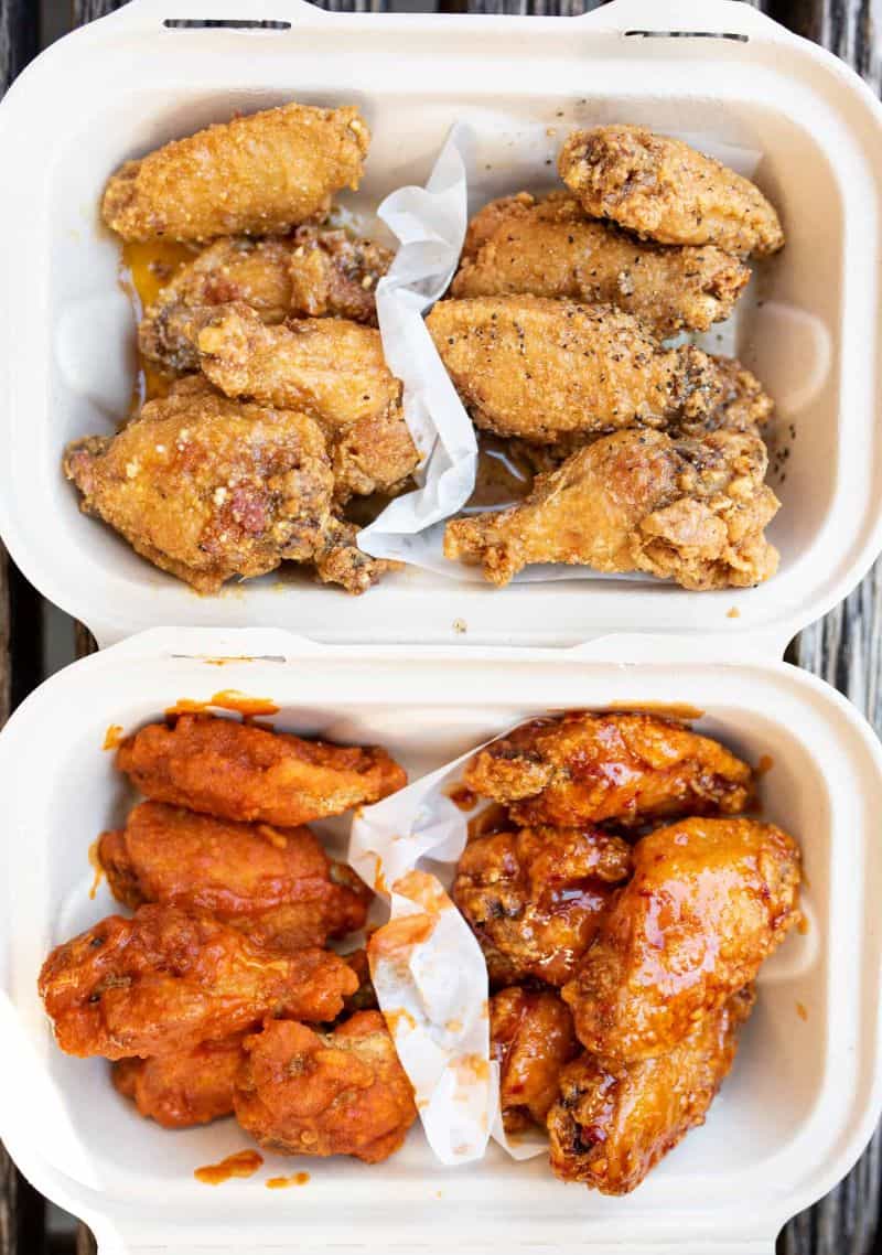 Hot Sauce and Panko's fried chicken wings in different flavors