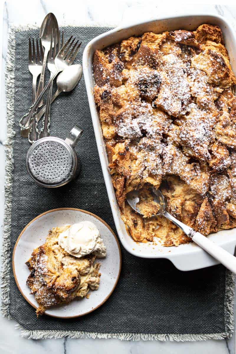 panettone bread pudding in pan and on plate