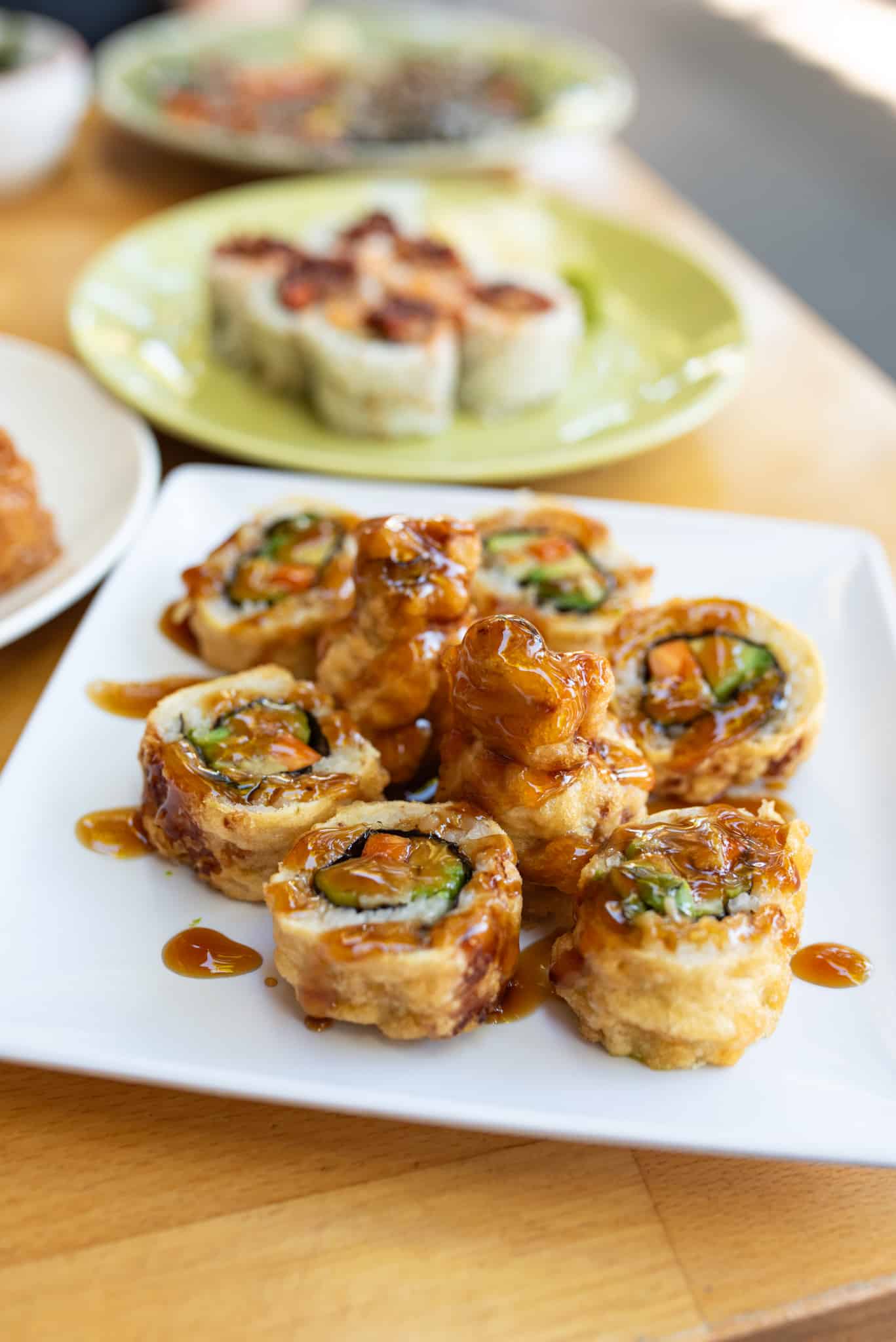 deep-fried roll filled with avocado, yam, asparagus, and carrots by Chaya