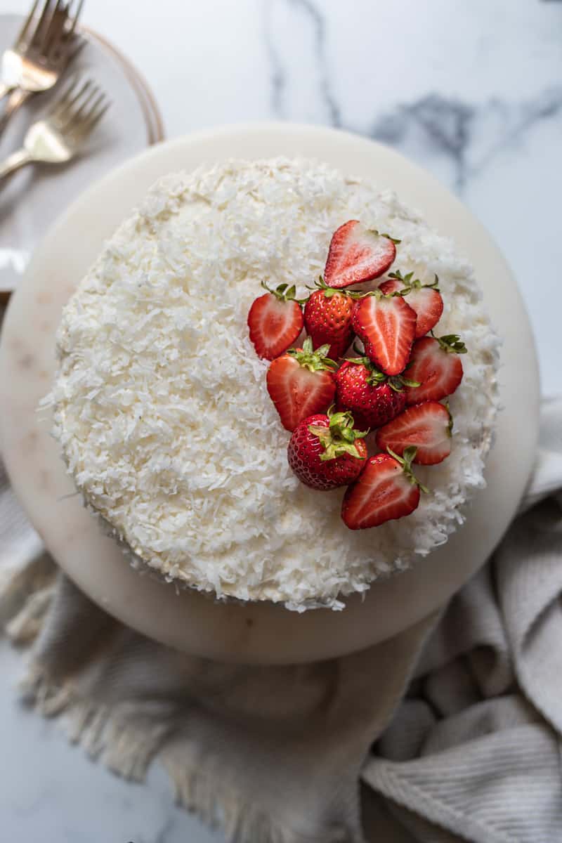 top view of strawberry coconut cake 