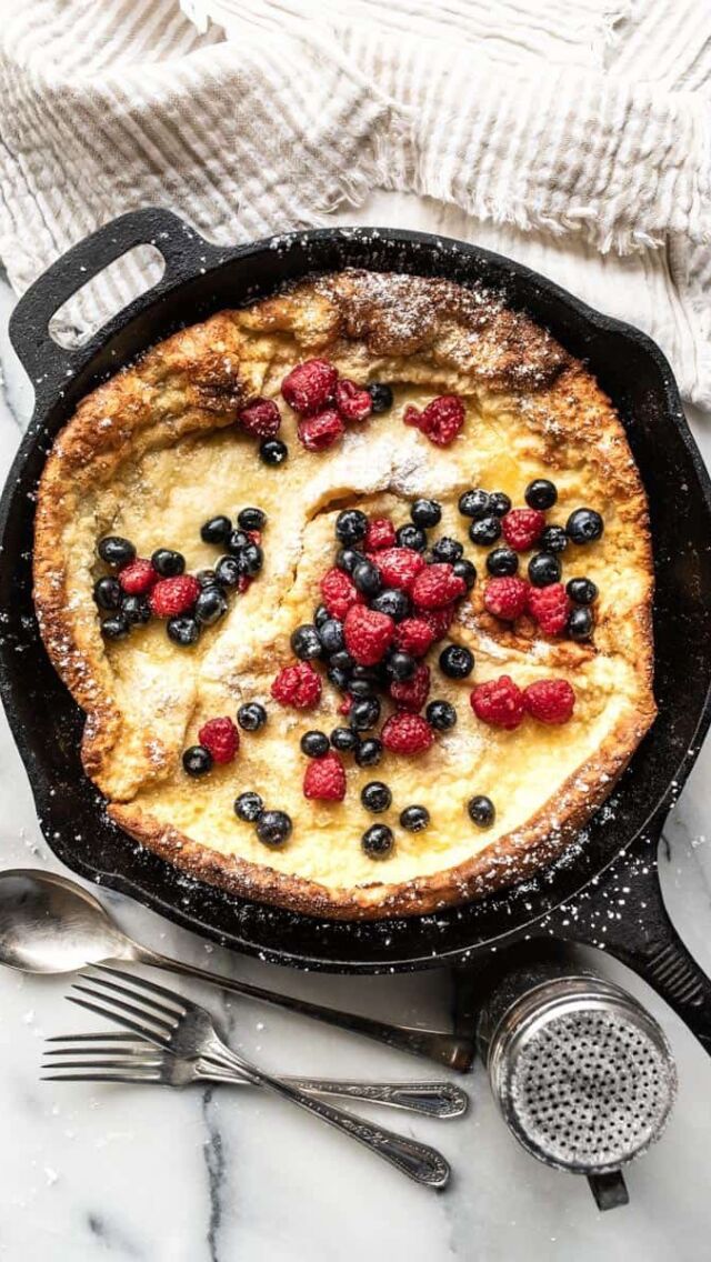 Fact: few breakfast dishes require so little effort and yield so much deliciousness (recipe below). 💛  CAST IRON SKILLET DUTCH BABY  • 4 large eggs
• 1 cup whole milk, room temperature
• ¼ cup sugar
• 1 teaspoon vanilla extract
• 1 cup all-purpose flour
• ½ teaspoon kosher salt
• few zips of whole nutmeg (optional)
• 4 Tablespoons salted butter, plus more for serving
• powdered sugar, fresh berries or seasonal fruit  1. Preheat the oven to 425°F with a 12” cast iron skillet placed in the oven on the middle rack. In a large bowl, whisk the eggs. Add the whole milk, sugar, and vanilla and whisk until smooth. Add the flour, salt, and nutmeg if using, and whisk together until combined. It’s okay if there are small lumps in the batter.  2. Once the oven is completely preheated, remove the skillet from the oven and place the butter inside of the skillet, dividing it into 4-5 smaller pieces. Swirl the pan around until all of the butter is melted, completely coating the bottom and 1-2 inches of the side of the skillet. Pour the batter into the hot, buttered skillet and place the skillet back in the oven.  3. Bake the Dutch baby for 15-20 minutes until it is nice and puffy, golden brown in the center, and a deep golden brown around the edges. Remove from oven and add another pat or two of butter to the top of the hot dutch baby. Top with a generous amount of powdered sugar with a sugar shaker, then with the berries or seasonal fruit. Serve immediately.  Full printable recipe: https://www.femalefoodie.com/recipes/cast-iron-skillet-dutch-baby/  #femalefoodie #dutchbaby #dutchbabyrecipe #castironskillet #castironcooking #castiron #castironrecipes